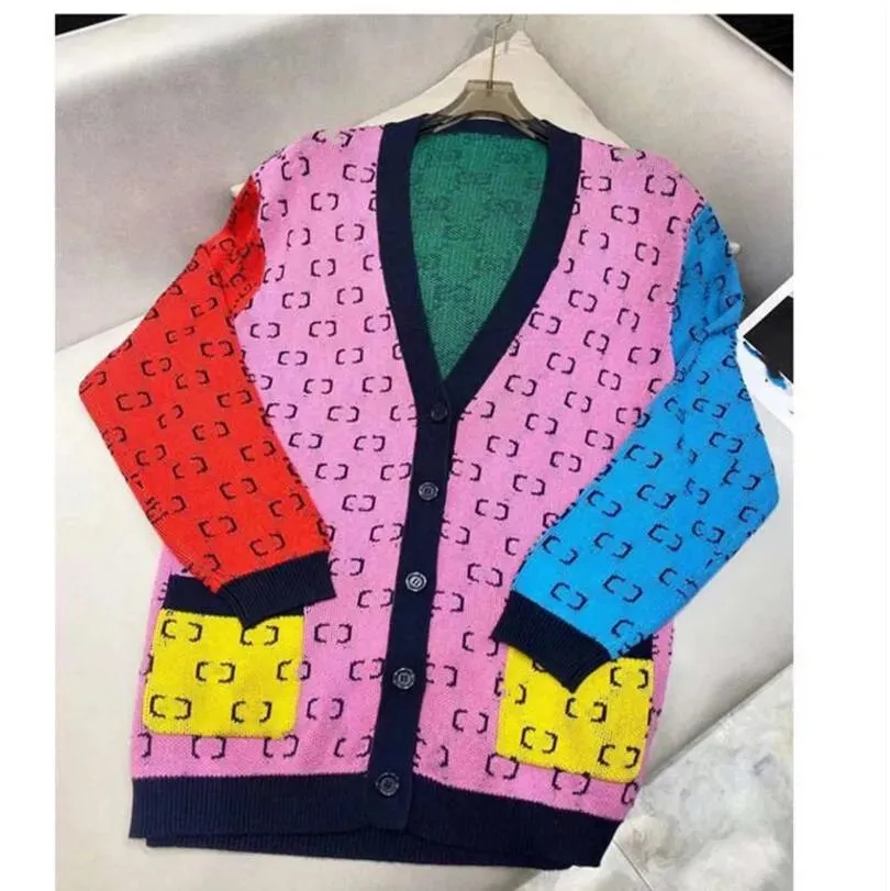 New Women Sweaters Long Sleeve Casual Cardigan Autumn V-neck PatchWork Knit Sweater Fashion Spatching Letter Print Jacket