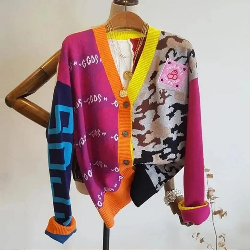 New Women Sweaters Long Sleeve Casual Cardigan Autumn V-neck PatchWork Knit Sweater Fashion Spatching Letter Print Jacket