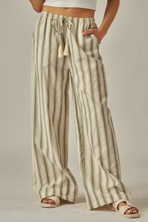Olive Striped Relaxed Wide Leg Linen Pants 3/4/25 9665