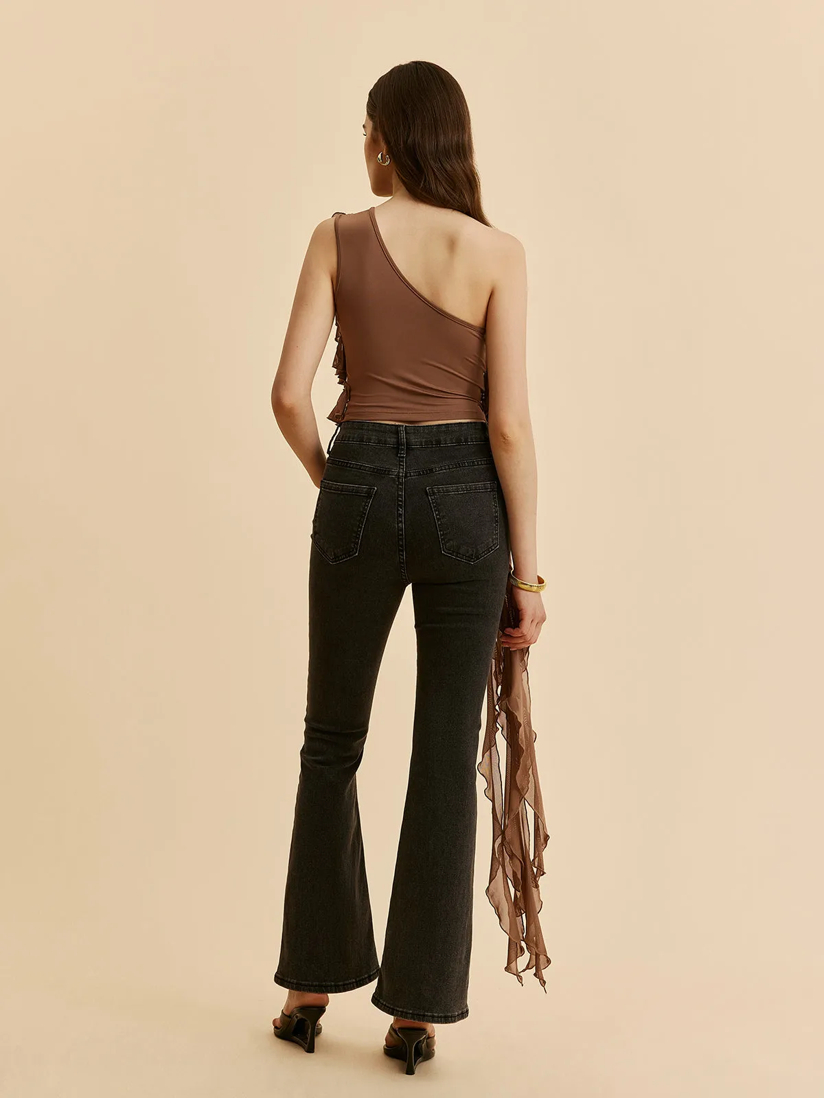 One-Shoulder Ruffled Rosette Detail Top