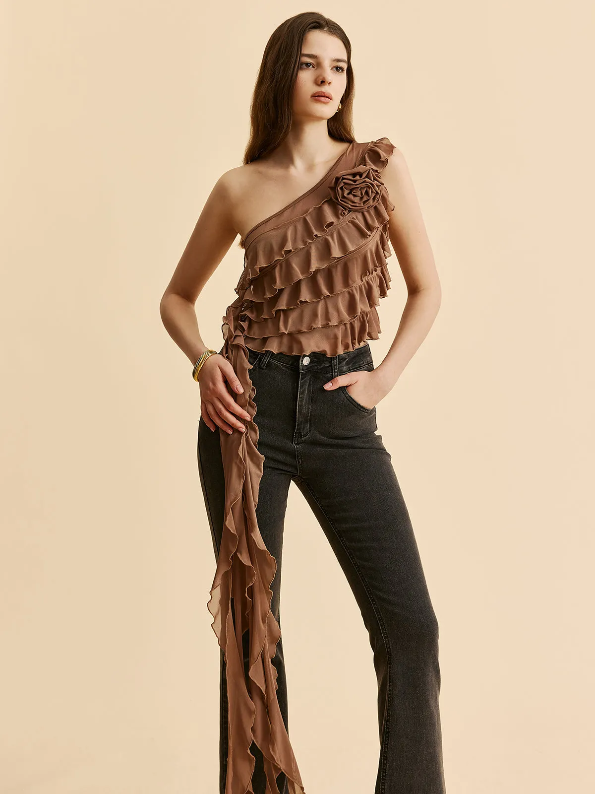 One-Shoulder Ruffled Rosette Detail Top