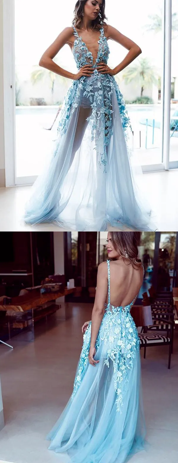 Pale Blue Tulle Lace Applique Illustion A-line Prom Dresses.PD00225