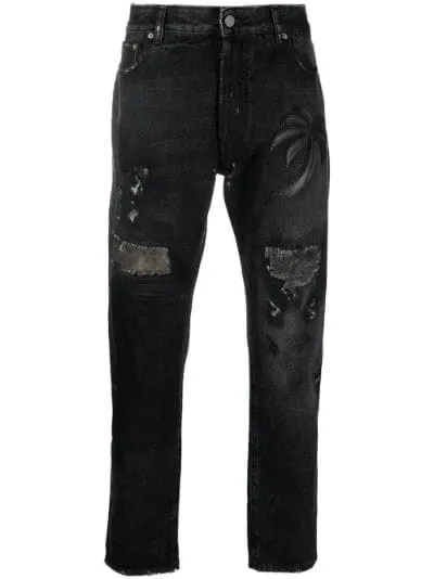 PALM ANGELS Black Curved Palm Tree Jeans
