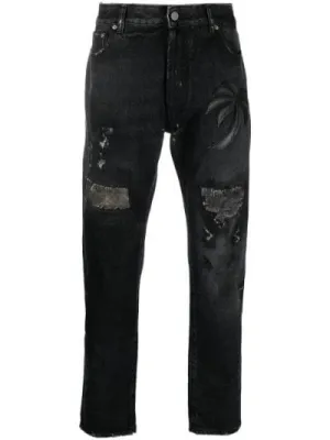 PALM ANGELS Black Curved Palm Tree Jeans