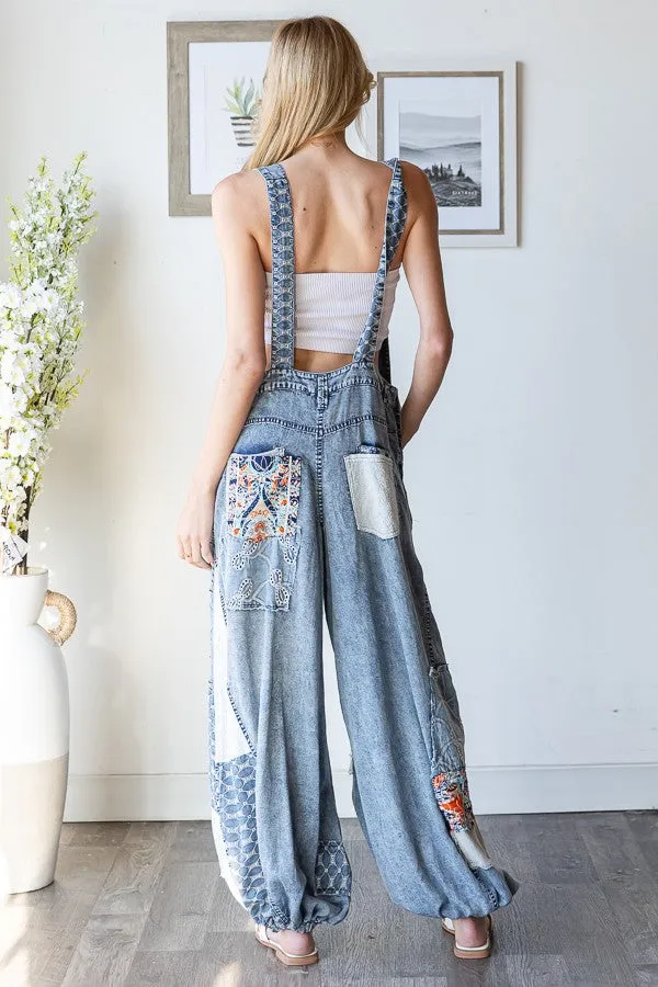 Patchwork Denim Overall Jumpsuit