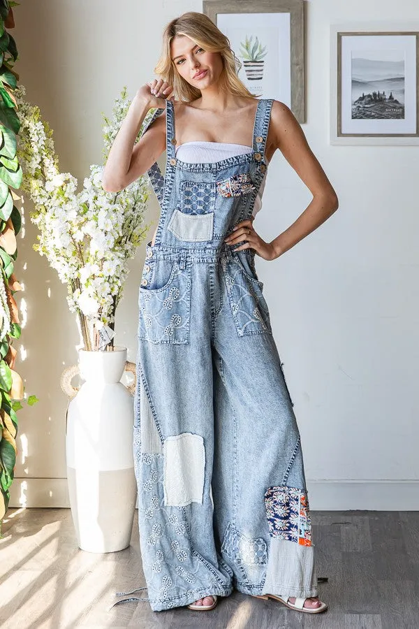 Patchwork Denim Overall Jumpsuit