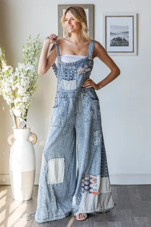 Patchwork Denim Overall Jumpsuit