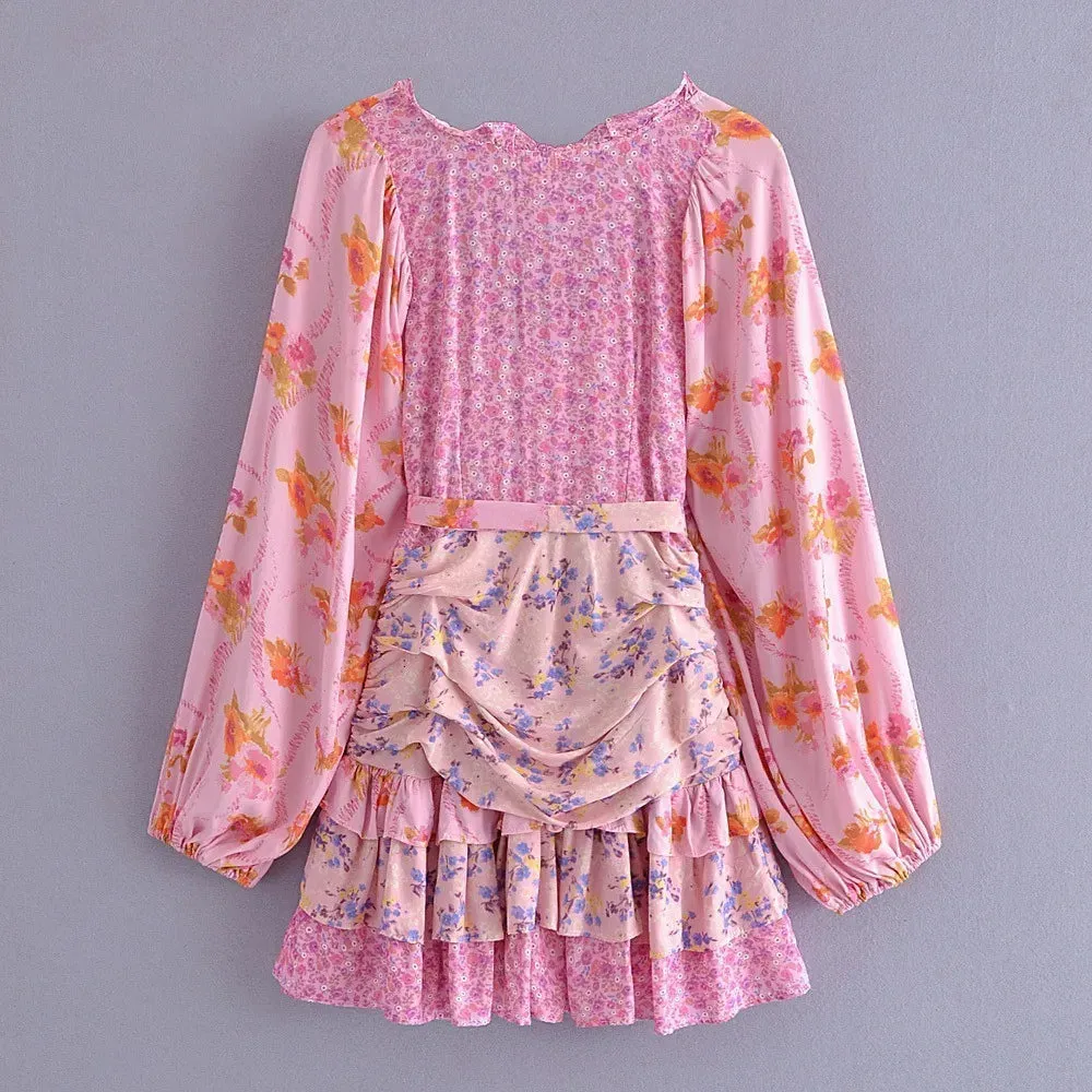 Patchwork Floral Print Mini Dress for Women Asymmetric Ruffled Sexy Party Dress Puff Sleeve Boho Beach Summer Dress 210415