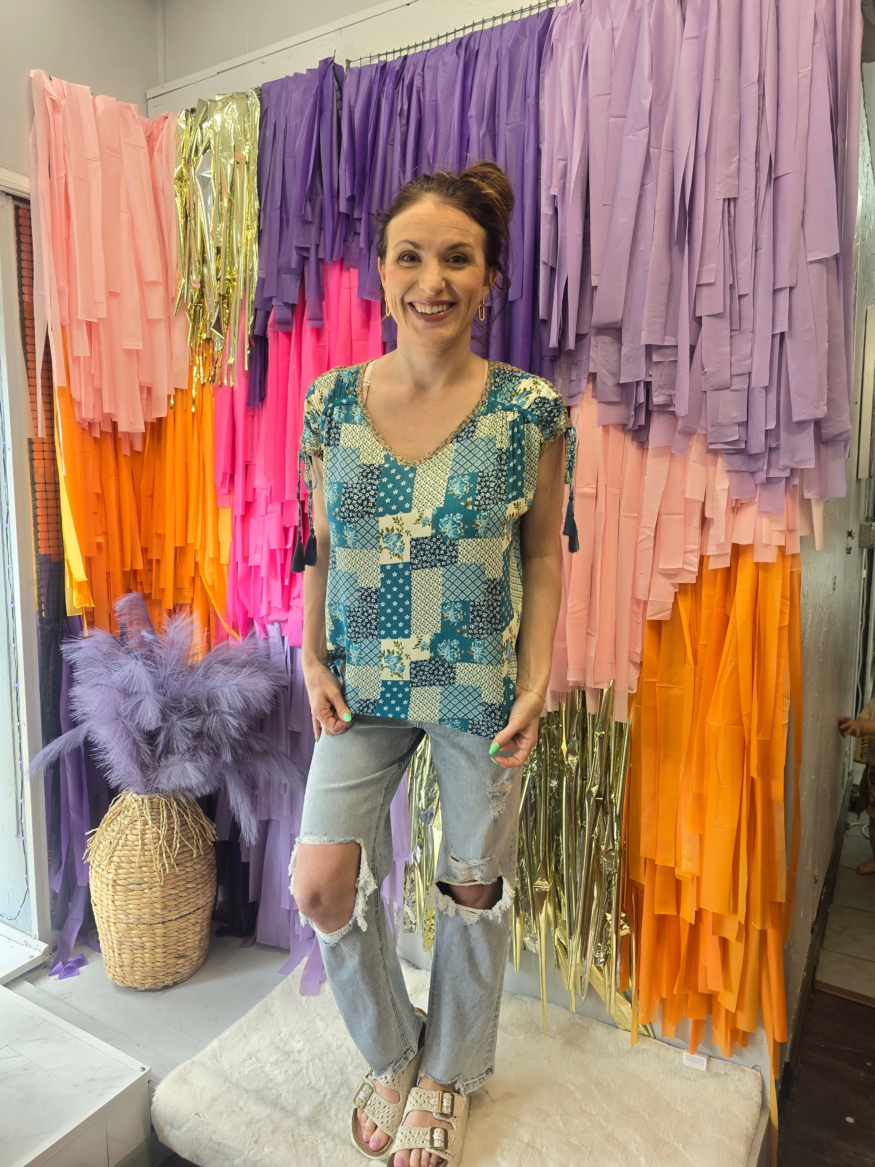 Patchwork   Petals Top: Teal Mix