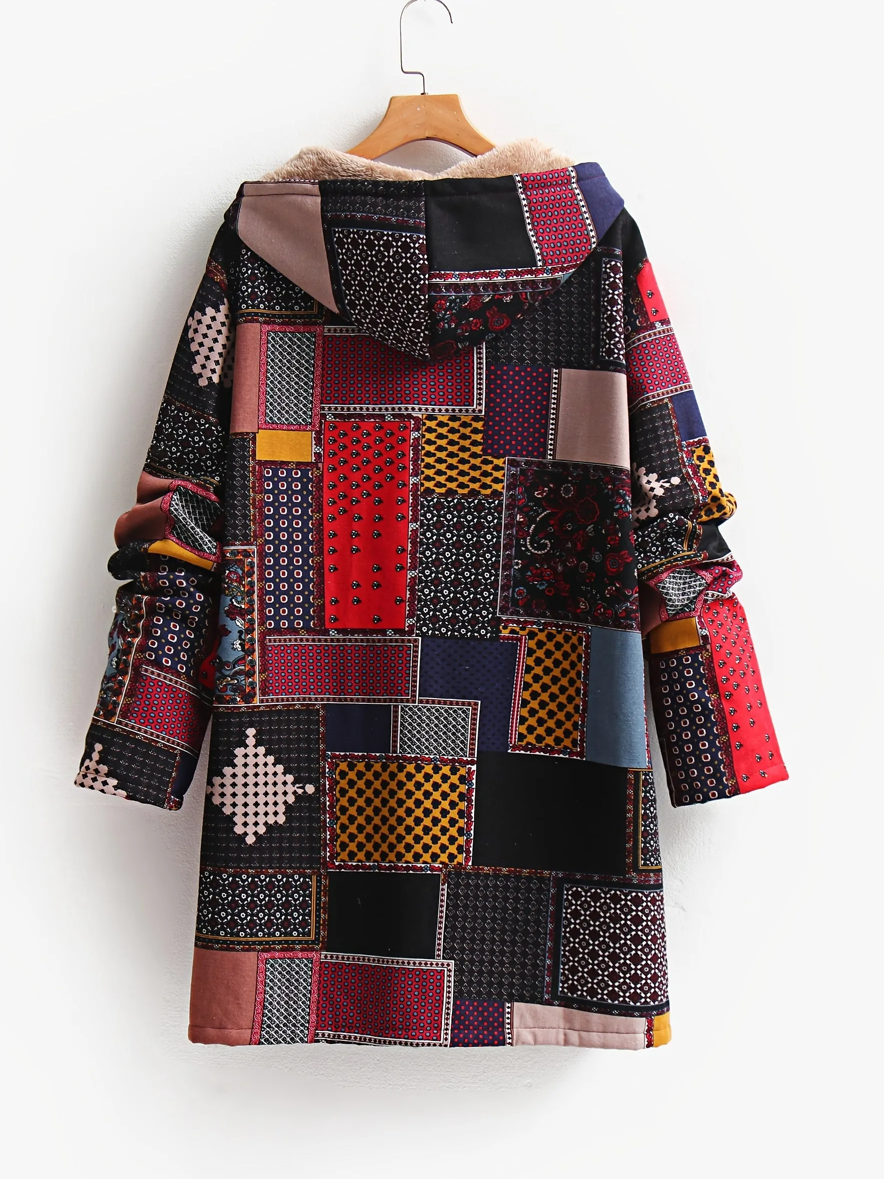 Plus Size Boho Chic Coat - Stylish Patchwork Print with Fleece Lining, Long Sleeve Button Up Hooded Tunic featuring Practical Pockets for Women