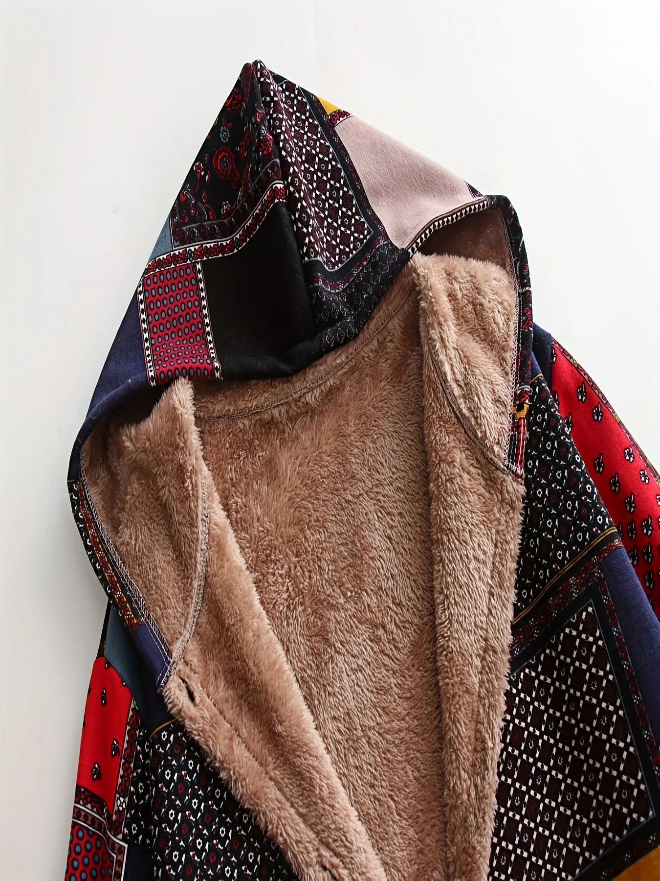 Plus Size Boho Chic Coat - Stylish Patchwork Print with Fleece Lining, Long Sleeve Button Up Hooded Tunic featuring Practical Pockets for Women