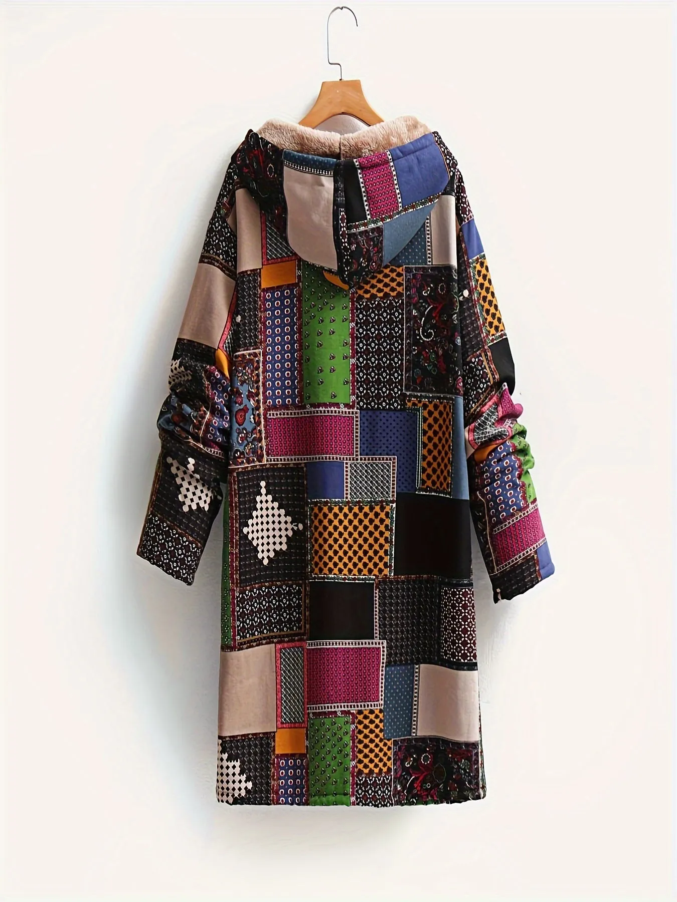 Plus Size Boho Chic Coat - Stylish Patchwork Print with Fleece Lining, Long Sleeve Button Up Hooded Tunic featuring Practical Pockets for Women