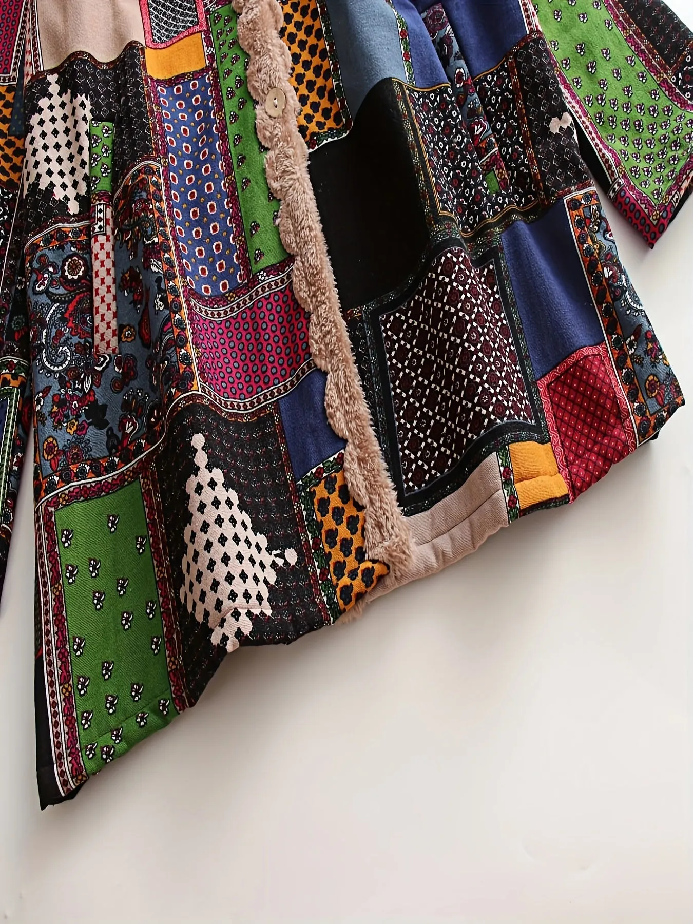 Plus Size Boho Chic Coat - Stylish Patchwork Print with Fleece Lining, Long Sleeve Button Up Hooded Tunic featuring Practical Pockets for Women