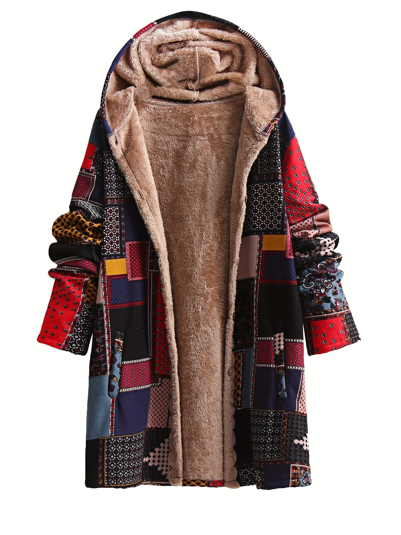 Plus Size Boho Chic Coat - Stylish Patchwork Print with Fleece Lining, Long Sleeve Button Up Hooded Tunic featuring Practical Pockets for Women