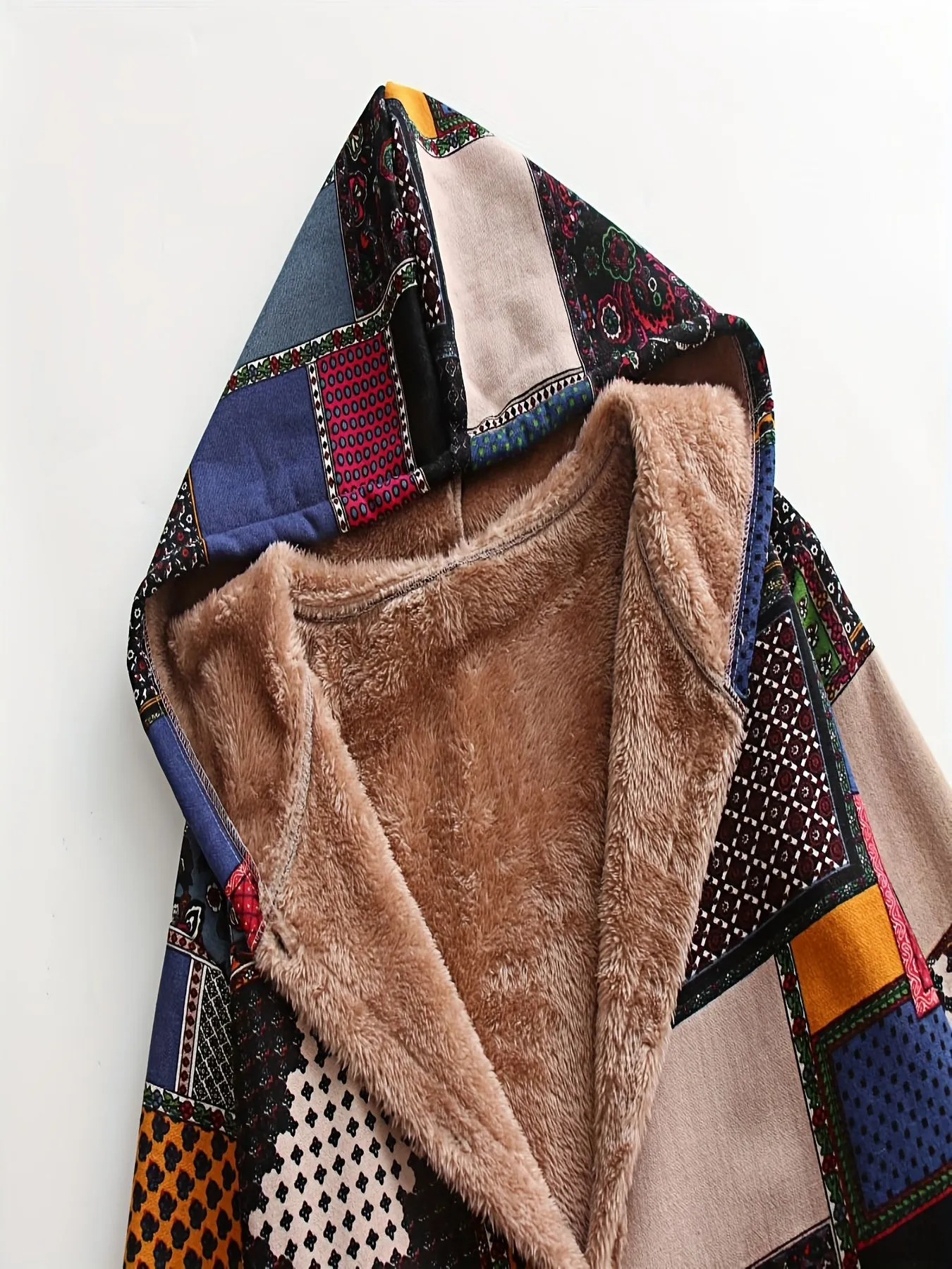 Plus Size Boho Chic Coat - Stylish Patchwork Print with Fleece Lining, Long Sleeve Button Up Hooded Tunic featuring Practical Pockets for Women