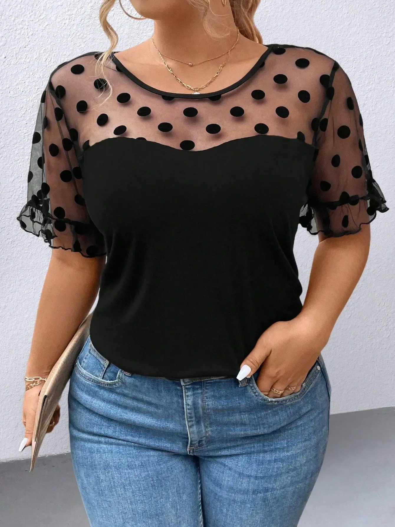Plus Size Polka Dot Mesh Printed Round Neck Short Sleeve Casual Shirt