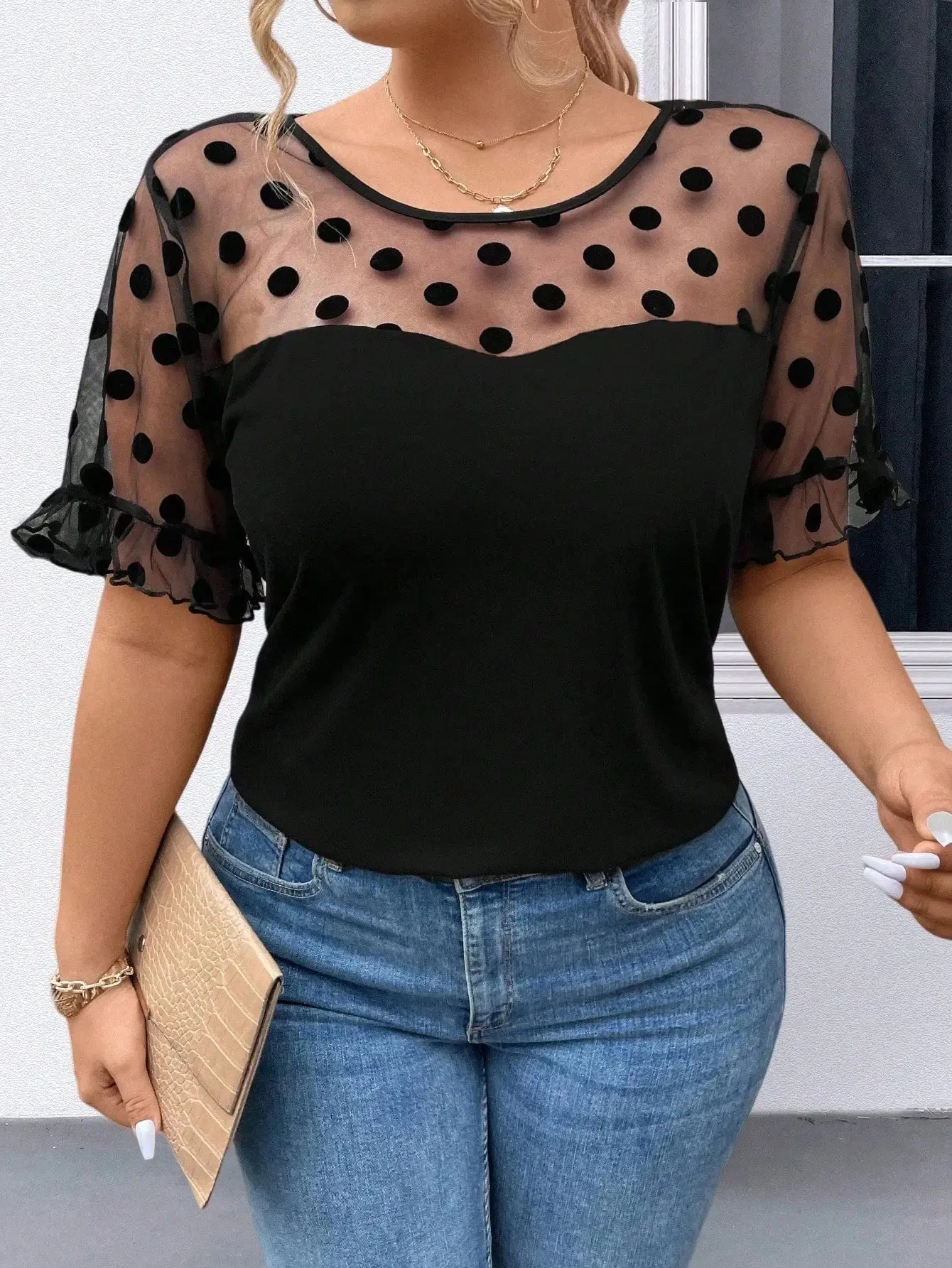 Plus Size Polka Dot Mesh Printed Round Neck Short Sleeve Casual Shirt
