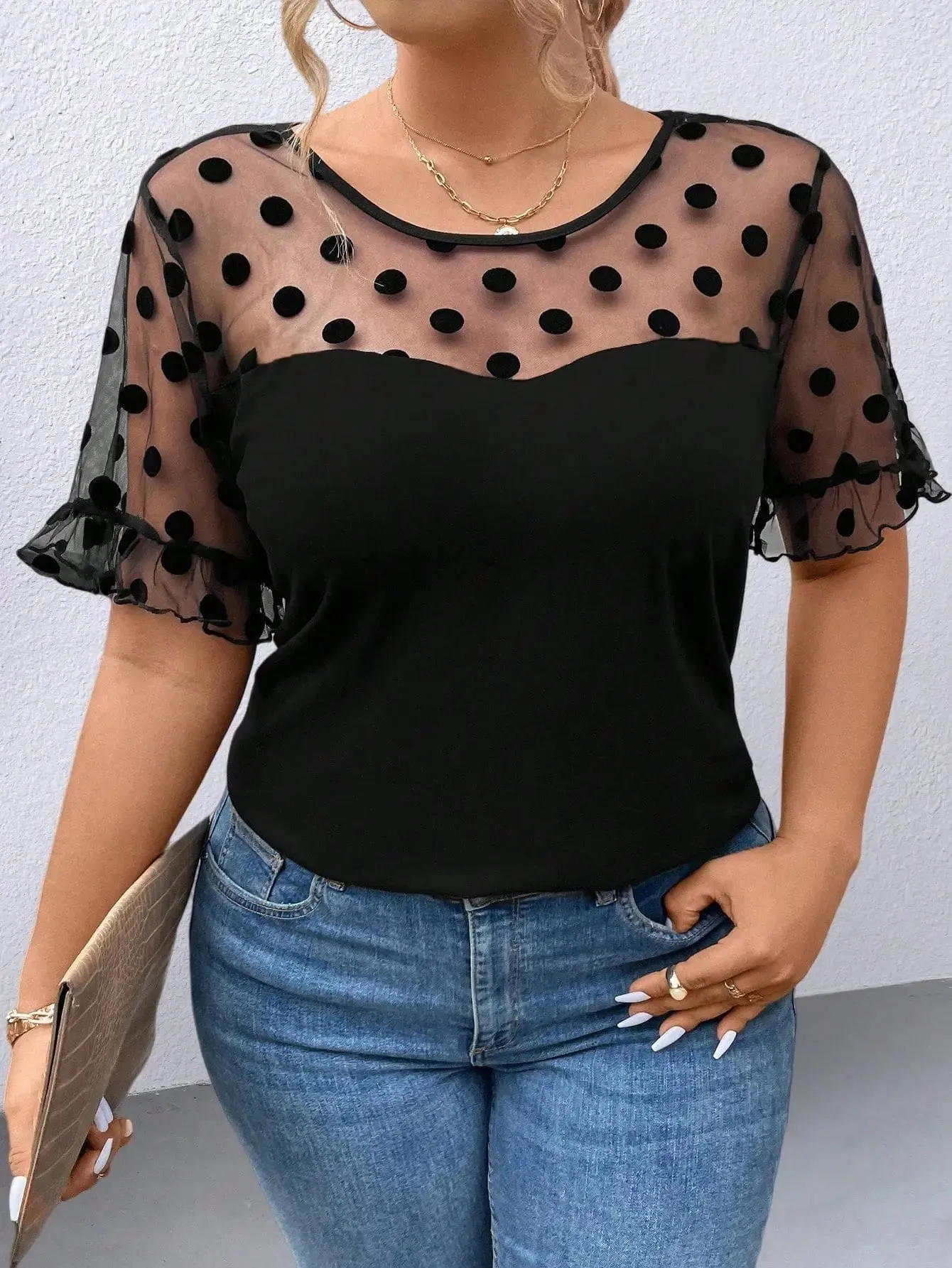 Plus Size Polka Dot Mesh Printed Round Neck Short Sleeve Casual Shirt