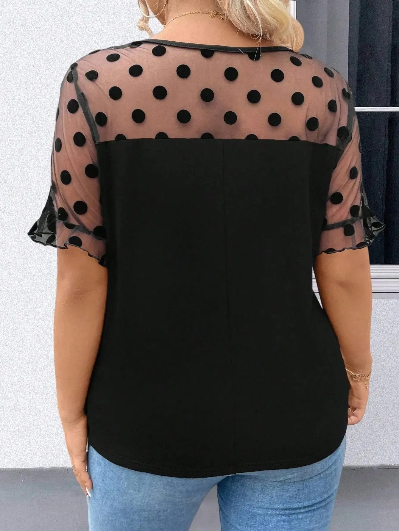 Plus Size Polka Dot Mesh Printed Round Neck Short Sleeve Casual Shirt
