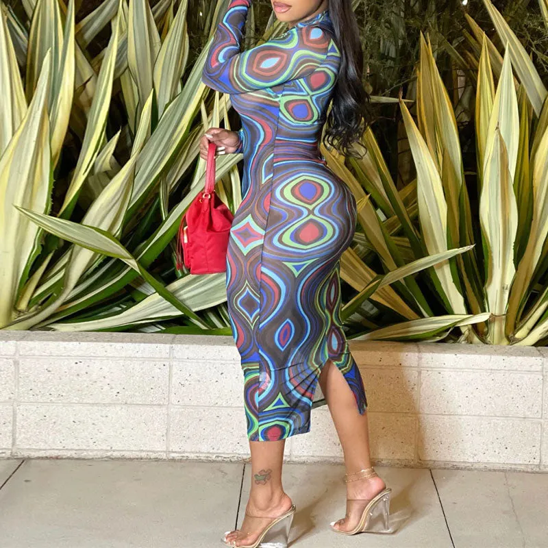 Print Long Sleeve Sheer Mesh Midi Dress