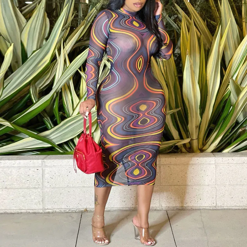 Print Long Sleeve Sheer Mesh Midi Dress