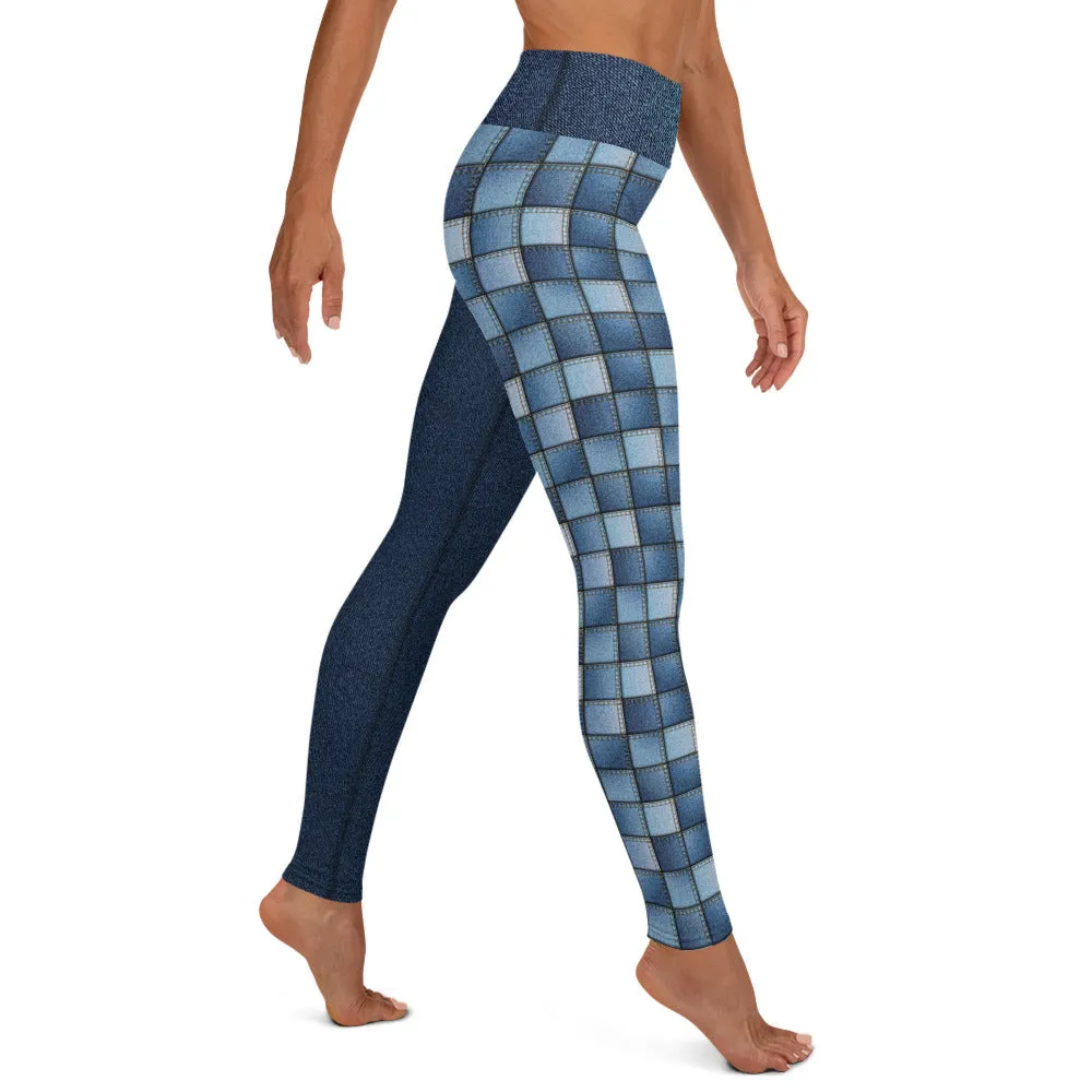 "Denim" Patchwork with Flowers - Yoga Leggings