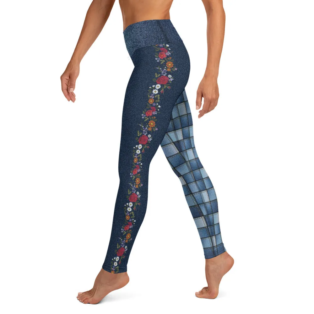 "Denim" Patchwork with Flowers - Yoga Leggings