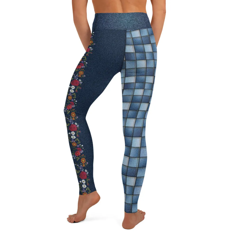 "Denim" Patchwork with Flowers - Yoga Leggings