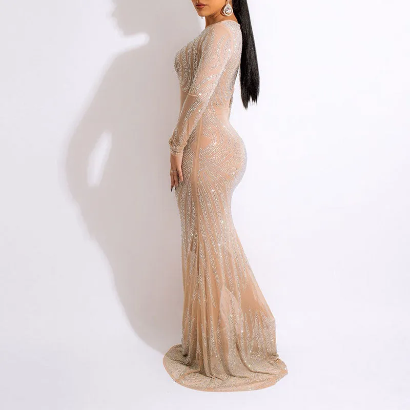 Rhinestone Long Sleeve Sheer Mesh Maxi Dress