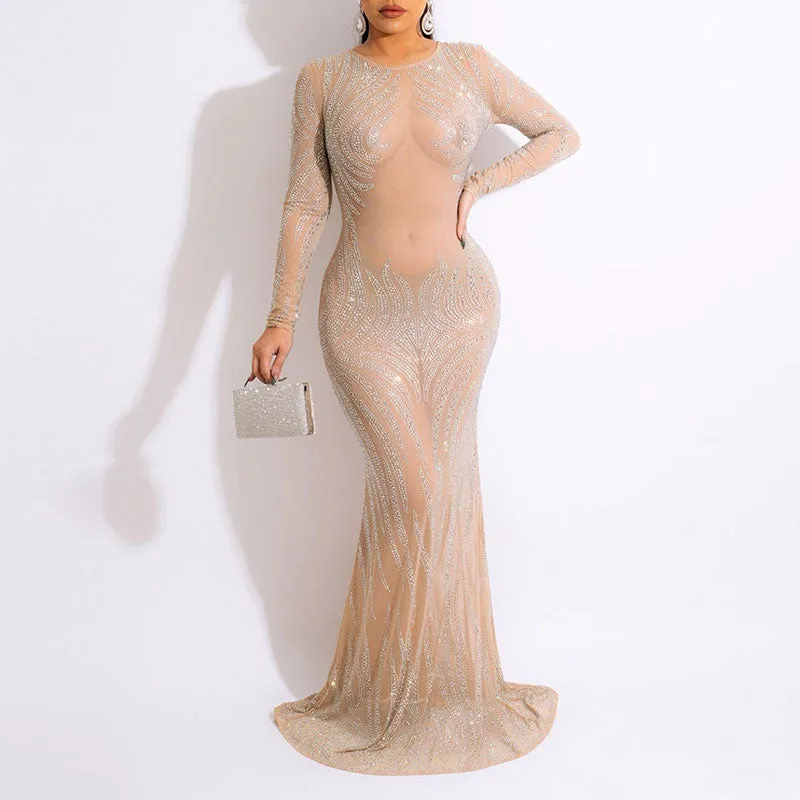 Rhinestone Long Sleeve Sheer Mesh Maxi Dress