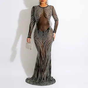 Rhinestone Long Sleeve Sheer Mesh Maxi Dress