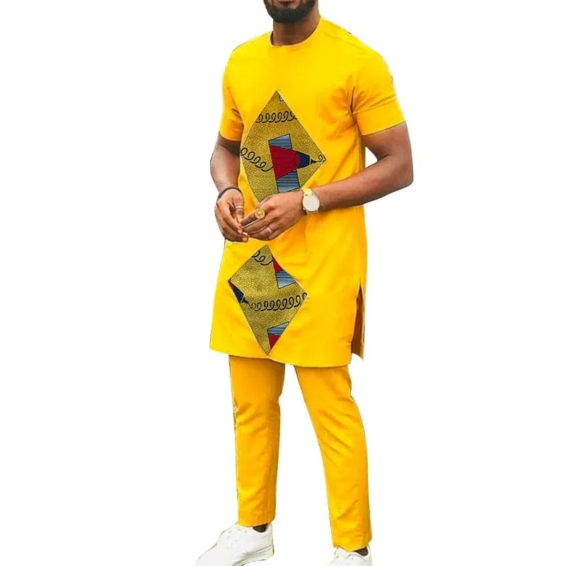 Rhombus Print Patchwork Men's Top Sets Yellow Cotton African Suits Male Outfits T Shirts With Pants Wedding Garment Customized