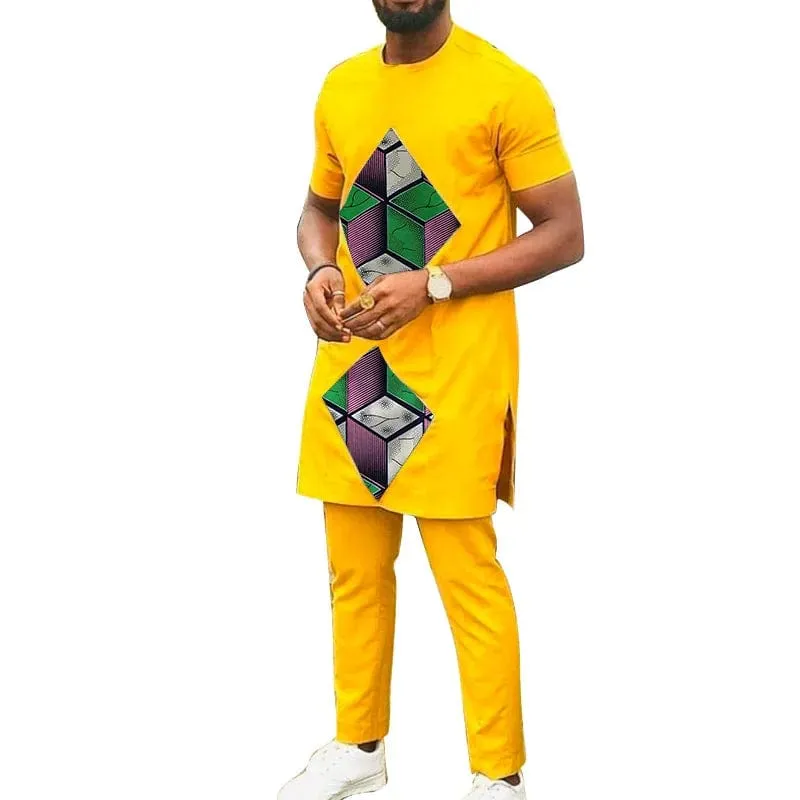 Rhombus Print Patchwork Men's Top Sets Yellow Cotton African Suits Male Outfits T Shirts With Pants Wedding Garment Customized