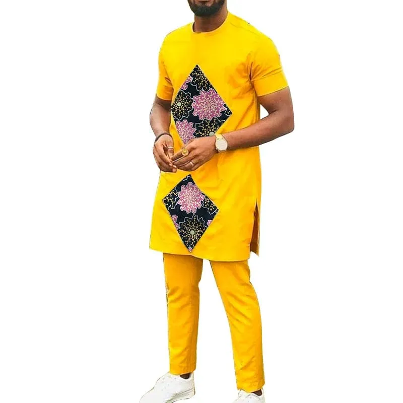 Rhombus Print Patchwork Men's Top Sets Yellow Cotton African Suits Male Outfits T Shirts With Pants Wedding Garment Customized