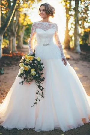 See-through Lace Long Sleeves Bride Gown Dress with Full Tulle Skirt