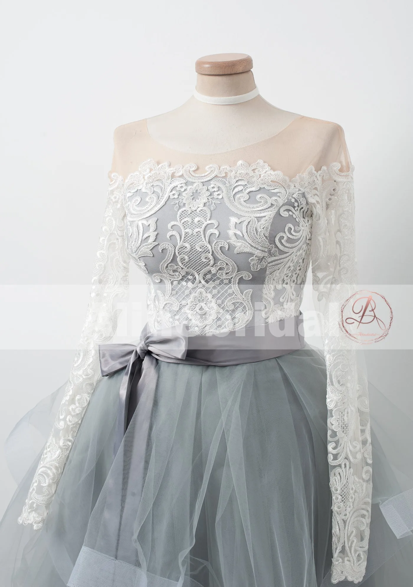 See Through Neckline Off Shoulder Lace Grey Tulle Long Sleeve Homecoming Dresses ,BD00228