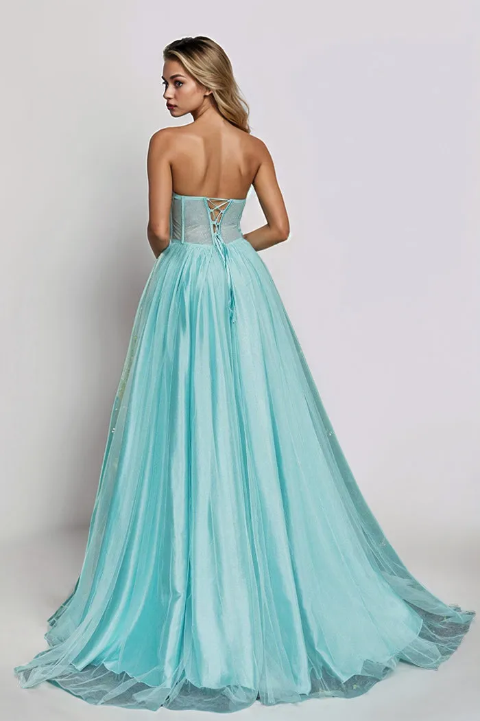 See-through Sweetheart Strapless Tulle Prom Dresses with Slit