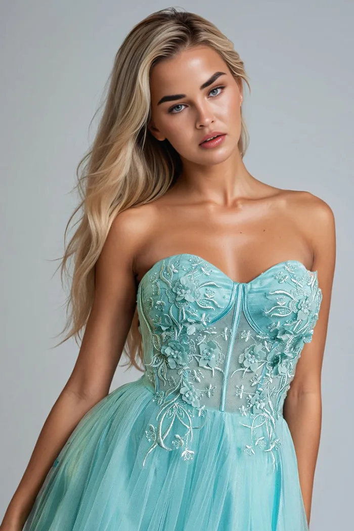 See-through Sweetheart Strapless Tulle Prom Dresses with Slit