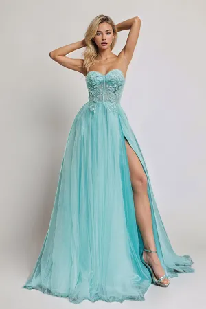 See-through Sweetheart Strapless Tulle Prom Dresses with Slit