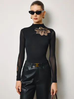 Semi-Sheer Mesh-Floral Slim Jersey Top