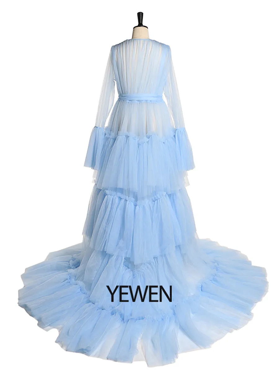 Sexy Plus Size Bow See Through Bell Sleeve Blue Maternity Dress for Photo Shoot