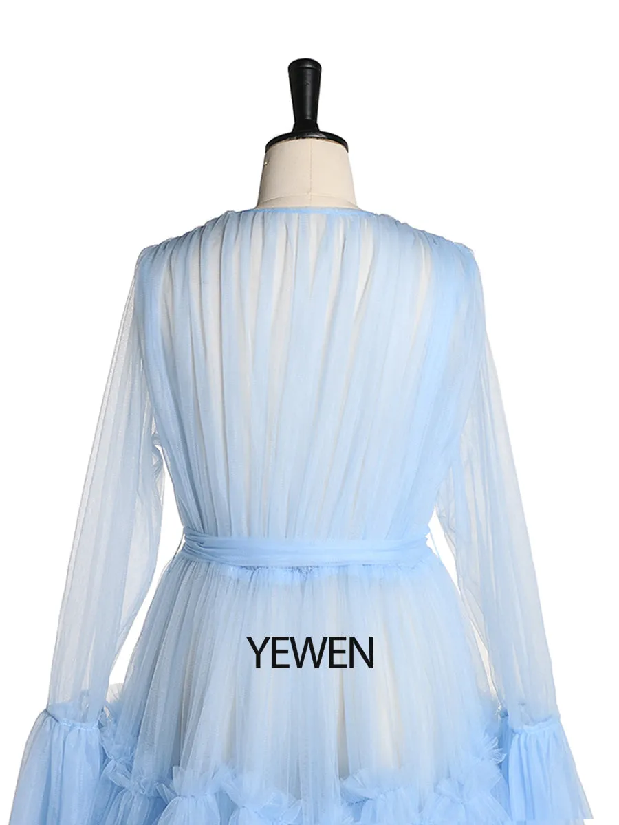 Sexy Plus Size Bow See Through Bell Sleeve Blue Maternity Dress for Photo Shoot