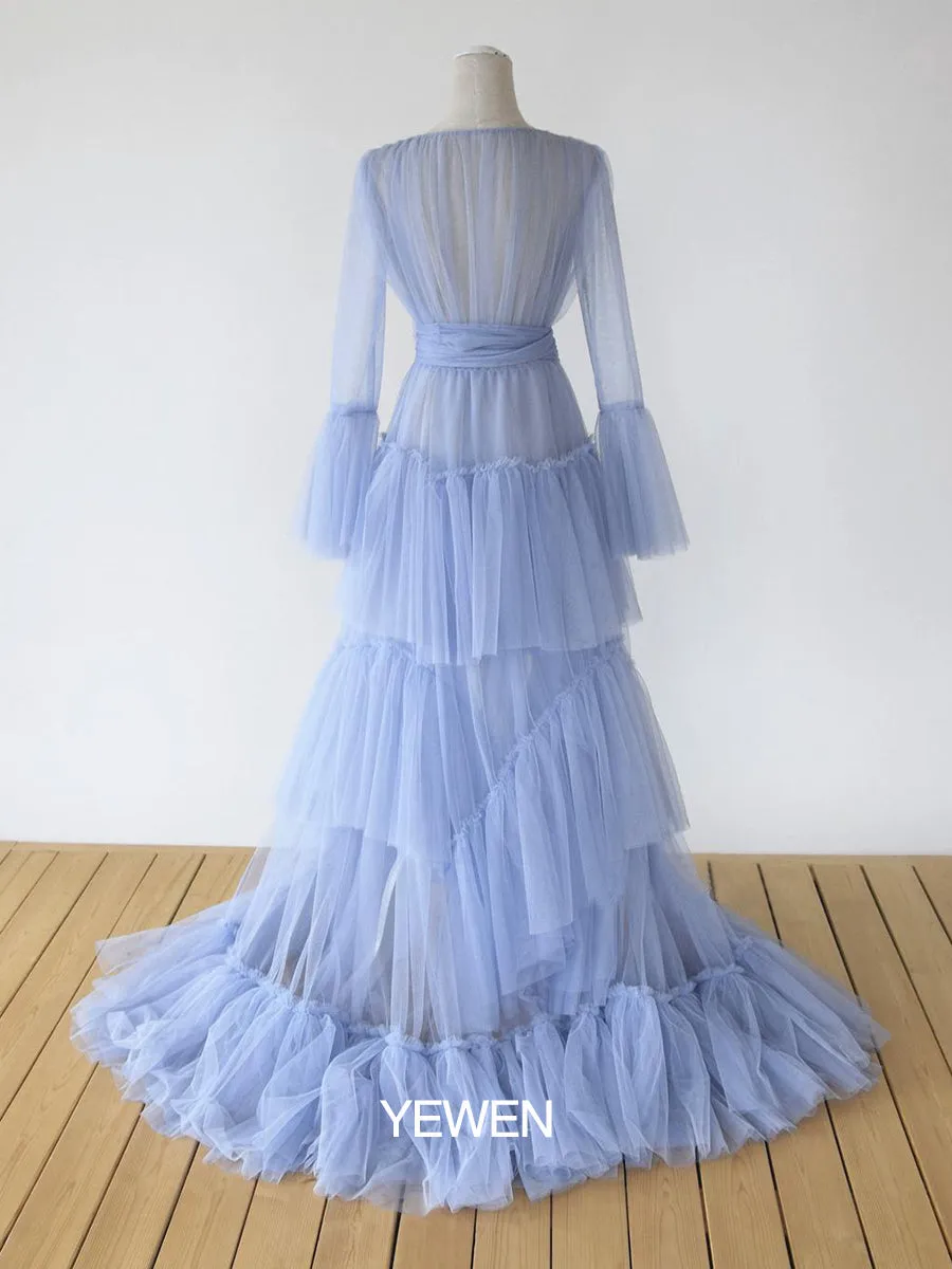 Sexy Plus Size Bow See Through Bell Sleeve Blue Maternity Dress for Photo Shoot