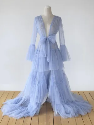 Sexy Plus Size Bow See Through Bell Sleeve Blue Maternity Dress for Photo Shoot