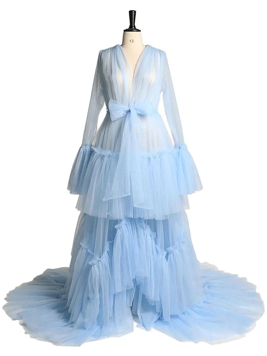 Sexy Plus Size Bow See Through Bell Sleeve Blue Maternity Dress for Photo Shoot
