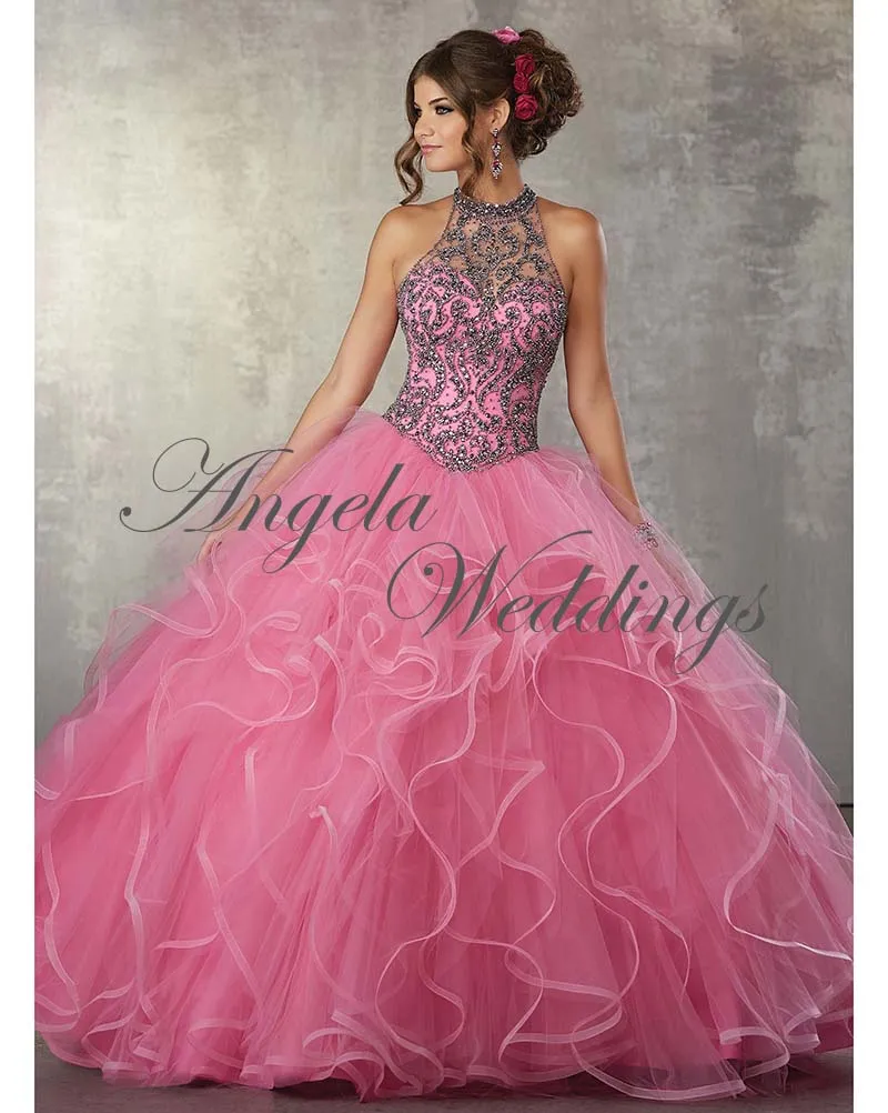 Sexy See Through Halter Beaded Tulle Ball Gown Quinceanera Dresses 2018
