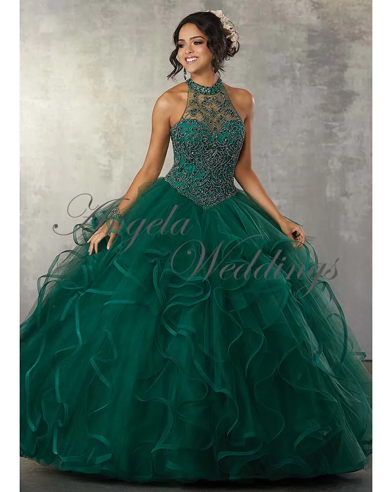 Sexy See Through Halter Beaded Tulle Ball Gown Quinceanera Dresses 2018
