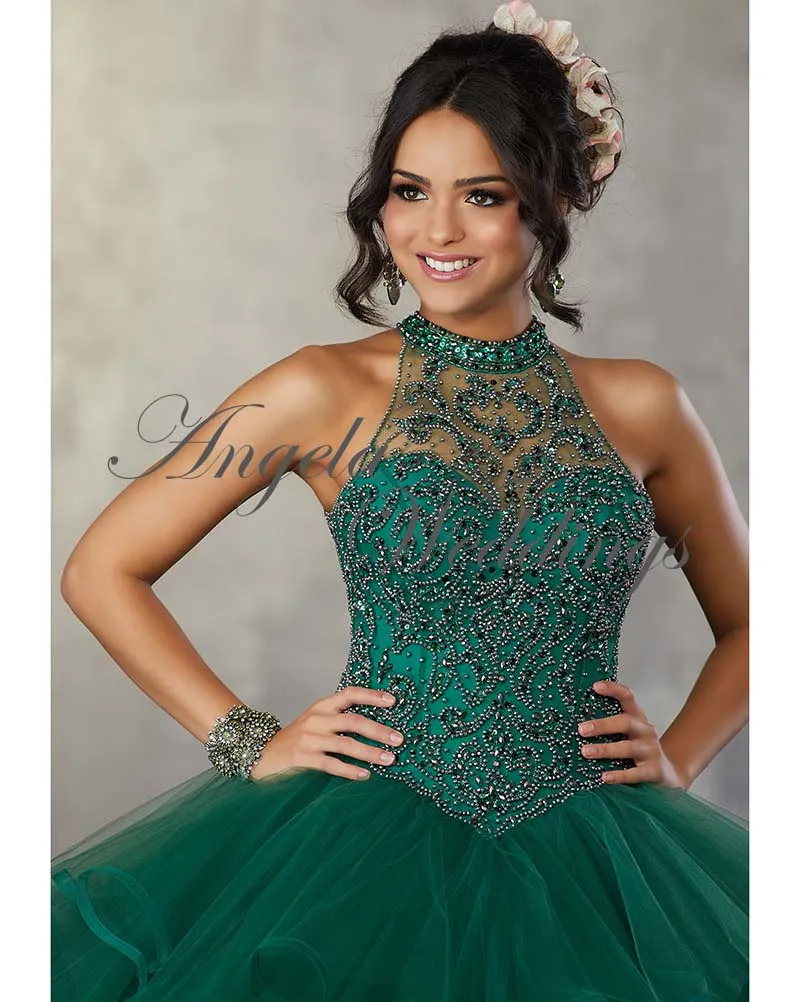 Sexy See Through Halter Beaded Tulle Ball Gown Quinceanera Dresses 2018