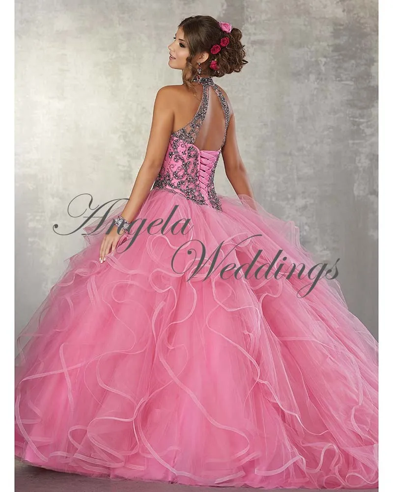 Sexy See Through Halter Beaded Tulle Ball Gown Quinceanera Dresses 2018