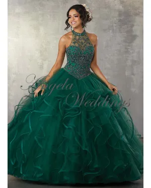 Sexy See Through Halter Beaded Tulle Ball Gown Quinceanera Dresses 2018